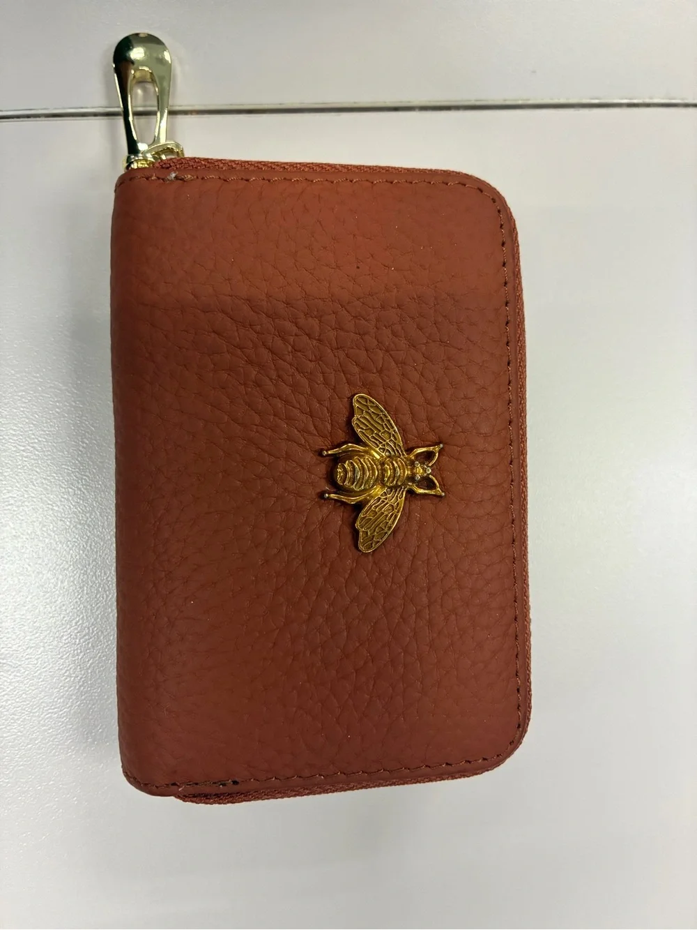 RFID Leather Zip Key Case with Gold Bee Accent - Brown